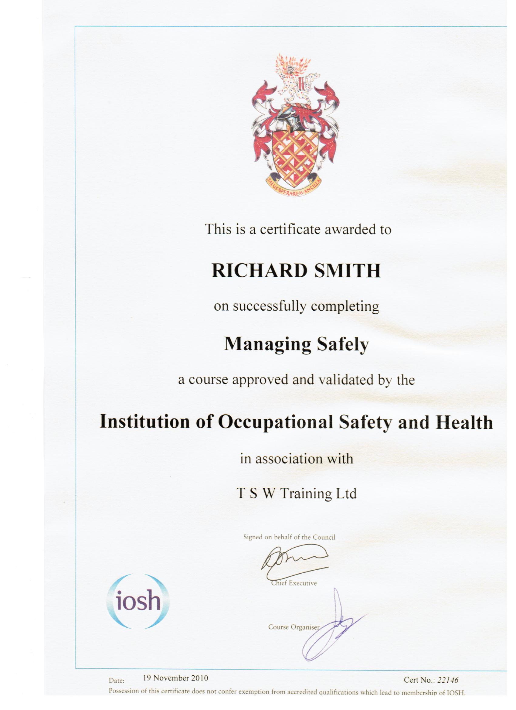 Richard Smith IOSH Managing Safely certificate